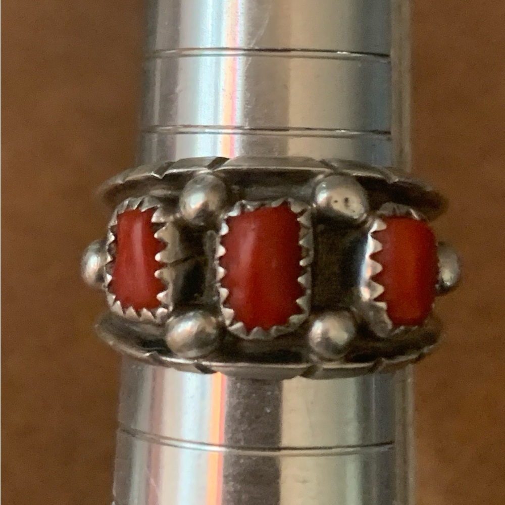 Vintage Navajo Sierra Trinity Coral Ring Signed
